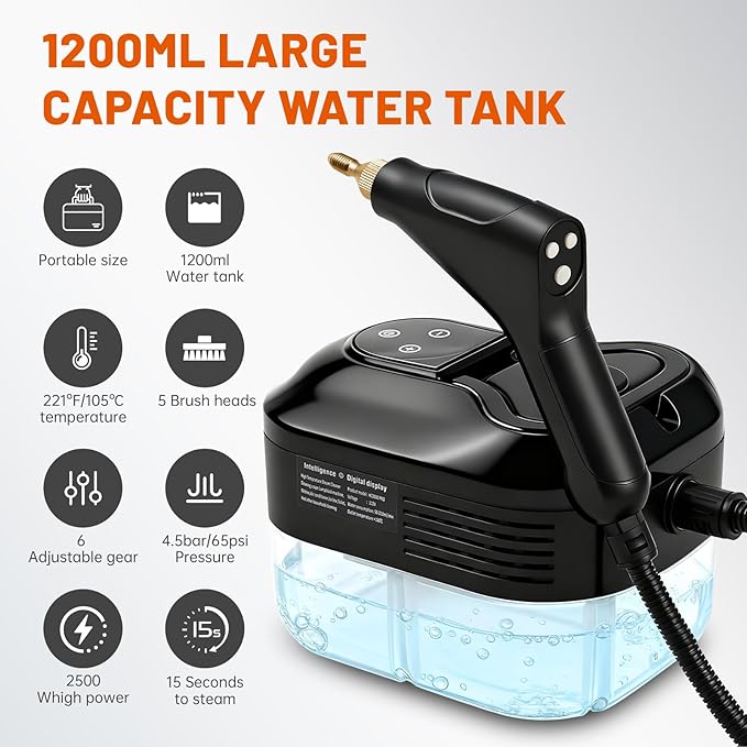 Steam Cleaner For Home, Portable Handheld Steamer For Cleaning Powerful High Pressure Steam Cleaner For Car Detailing Kitchen Grease Tile Grout(Black)