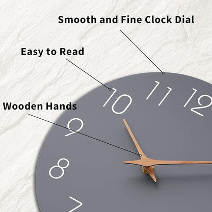 Mosewa Wall Clock 12 Inch Gray Silent Non Ticking Battery Operated Modern Simple Wooden Clock Decorative for Kitchen Home Bedroom Bathroom Office Living Room