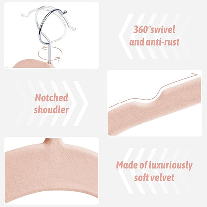 Premium Velvet Shirt Hangers 30 Pack, Non-Slip 360° Swivel Hook Space-Saving Felt Hanger, Slim Flocked Hangers for Blouses, Strappy Dresses, Tank Tops(Pink)