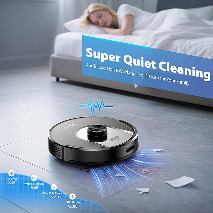 Tikom Robot Vacuum and Mop Combo, 6000 Pa Automatic Robotic Vacuum Cleaner, Smart Mapping, 150 Min Max, Ideal for Pet Hair, Hardfloors, Carpets, Home(L8000 Pro)