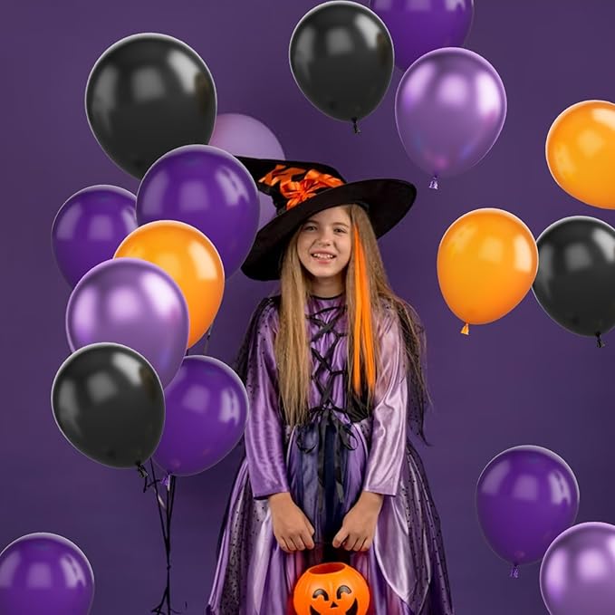 FunHot Halloween Party Balloons, 60Pcs Black Purple Orange Balloons, 12 Inch Metallic Purple Black Latex Balloons Purple Orange Party Balloons Helium for Kids Halloween Birthday Decorations Indoor