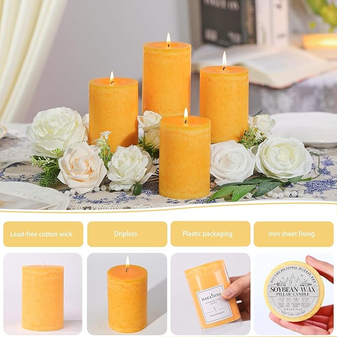 4 Pack Orange Lemongrass Sented Pillar Candles,60 H Long Burning,Natural Essential Oils,Non-Toxic,Refreshing Aromatherapy for Office Focus/Kitchen Deodorization/Living Room Ambience-2.8x4in