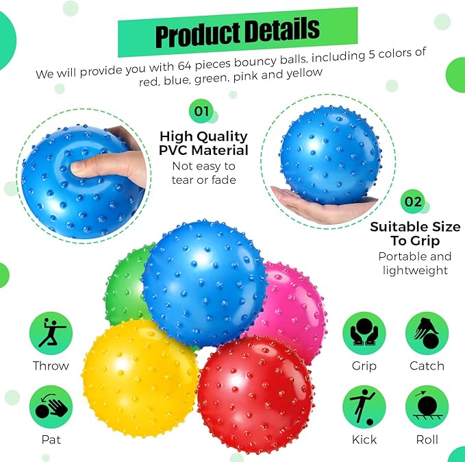 Jerify 64 Pieces 6.3 Inch Knobby Balls for Kids Sensory Balls with Air Pump Small Inflatable Bouncy Soft Spiky Toddler Bounce Party Favors Summer Beach Pool Baby Massage Stress Play Set, 5 Colors