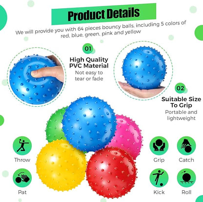 Jerify 64 Pieces 6.3 Inch Knobby Balls for Kids Sensory Balls with Air Pump Small Inflatable Bouncy Soft Spiky Toddler Bounce Party Favors Summer Beach Pool Baby Massage Stress Play Set, 5 Colors