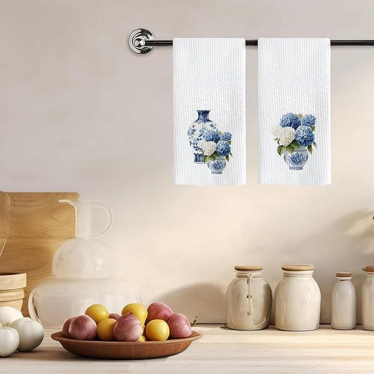 Blue and White Hydrangea Floral Kitchen Towels, Blue Chinoiserie Flower Decorative Hand Tea Towels for Bathroom, Cottagecore Wildflower Dish Tea Towel for Kitchen, 16x24 Inches Set of 2