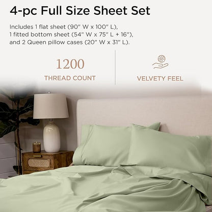 Threadmill Luxury Supima Cotton Sheets, Luxury 1200 Thread Count Soft 100% Cotton Sheets for Full Size Bed, 4 Pc Sage Green Bed Sheets Full Set, 5-Star Hotel Quality Deep Pocket Bed Sheets Set