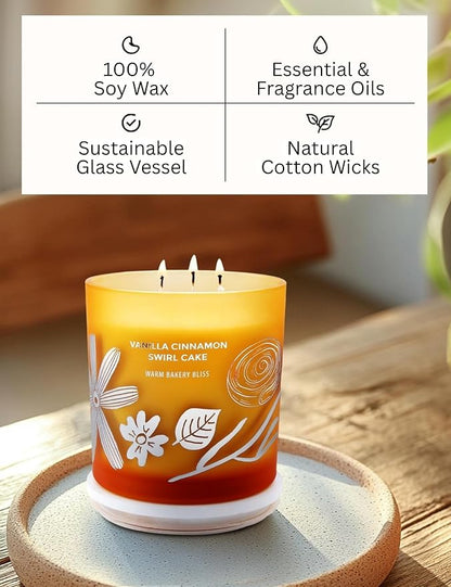 Vanilla Cinnamon Swirl Cake 3-Wick Soy Scented Candle for Home, 14.5 oz Large | Bakery Scented Candle | Long Lasting Aromatherapy Candles | Gift for Women & Men Housewarming