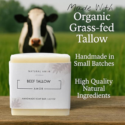 Natural Amor Beef Tallow Soap Bar 3 Pack, Handmade with Organic Grass-Fed Beef Tallow, Shea Butter, Coconut Oil, Natural Soap for Dry or Sensitive Skin Fragrance-Free