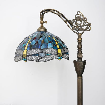 Tiffany Floor Lamp Vintage Standing Lamp Green Blue Dragonfly Stained Glass Floor Light Rustic Corner Gooseneck Floor Lamp with Adjustable Angle for Home Decor Living Room Bedroom 12X12X63 Inches
