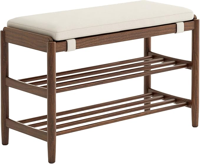 YESWOOD Solid Wood Shoe Bench Assembled, Shoe Rack Bench with Cushion for Entryway, Living Room, Bedroom, Hallway, 31.49“ x 11.81” x 17.71", Walnut