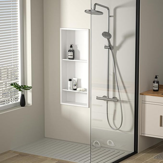 Stainless Steel Shower Niche 30" X 12" White with 3-Tiers Shelves No Tile Needed Niche Shower for Bathroom Storage Recessed Shower Shelves Over Mount Installation
