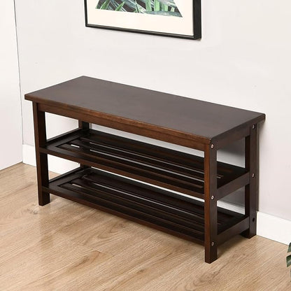 CONSDAN Wood Shoe Bench Rack, USA Grown Hickory, Entryway Bench with Shoe Storage, Mud Room Bathroom, Front Door, Outdoor/Indoor, Dark Walnut(Black)