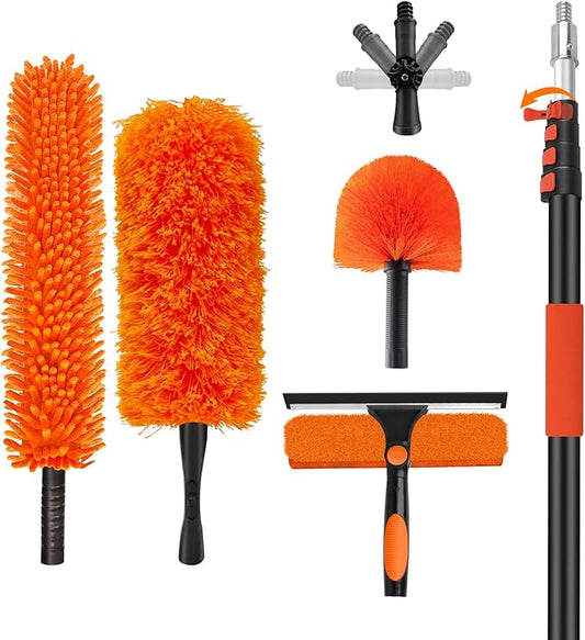 26FT High Reach Duster Cleaning Kit with 20FT Pole | 4-in-1 Tool Set with Universal Swivel Joint | High Ceiling Fan Cleaner, Microfiber Duster, & Window Squeegee for Safe High-Reach Cleaning
