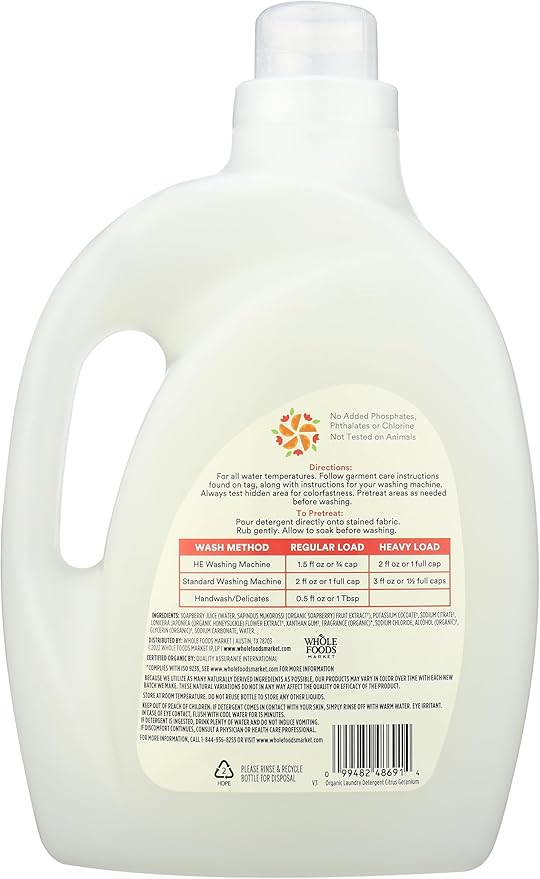 365 by Whole Foods Market, Organic Concentrated Laundry Detergent, Citrus Geranium Scent, 66 HE Loads, 100 Fl Oz