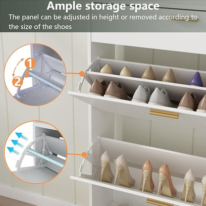 Shoe Rack Cabinet, Free Standing Shoes Storage Organizer Cabinet with 2 Flip Drawers, Entryway Narrow Shoe Rack Storage with Doors for Entryway