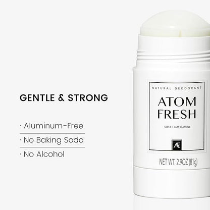 Atom Fresh Natural Deodorant Solid Stick – 72H Triple Odor Defense – Aluminum-Free, Baking Soda-Free – With Amino Acids, Mineral Powder, Plant-based Starch – Sweet Jam Jasmine – Skin Safe – 2.9 oz