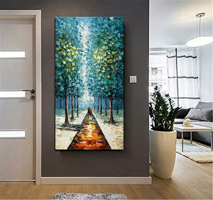 Alenoss Hand Painted 3D Abstract Oil Paintings on Canvas 24x48 Inches Large Modern Forest Landscape Vertical Blue Canvas Wall Art Framed Artwork for Living room Bedroom Tree Art Decor
