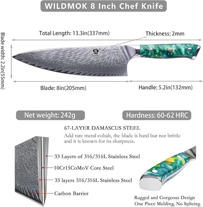 WILDMOK Chef Knife, 8 inch Damascus Japanese Kitchen Cooking Knife,Japanese VG10 Steel Green Resin Handle kitchen knives,Damascus chef's knives Including Gift Box