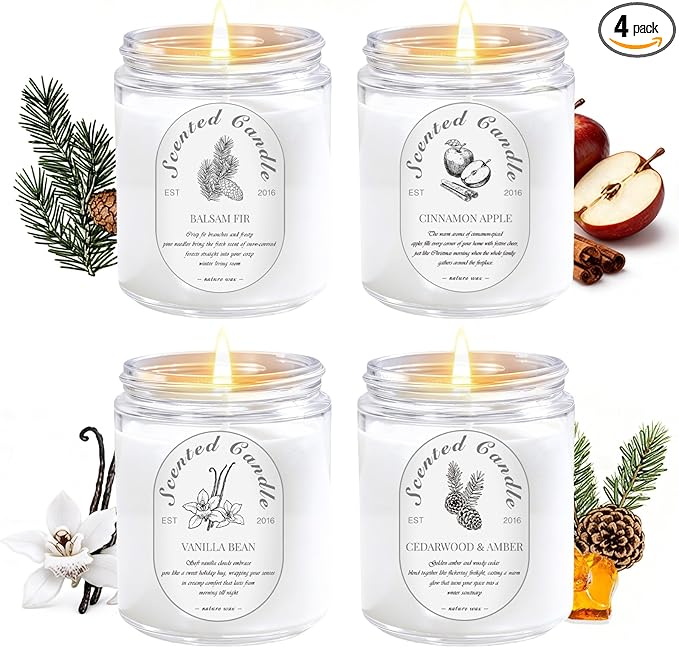 Winter Candle Gift Set, 4 Pack 28oz Soy Wax Scented Candles for Home – Cinnamon Apple, Balsam Fir, Vanilla Bean, Cedarwood & Amber – Cozy Aromatherapy Candles for Holiday & Home Decor Gifts