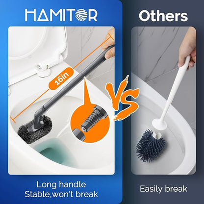 HAMITOR Toilet Plunger and Brush Set for Bathroom Cleaning with Extented Handle - Heavy Duty Toilet Plunger Combo Accessories with Caddy Stand Holder for Small Space - Gray