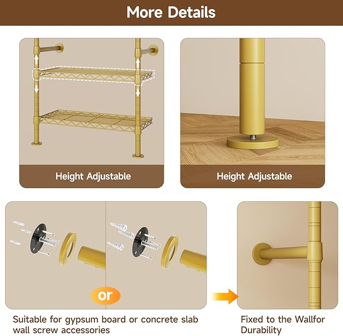 H4 Wall Mounted Closet System, Expandable Industrial Pipe Clothes Rack Clothing Rack for Hanging Clothes, Heavy Duty Closet Organizers and Storage in Wardrobe Closet - Gold