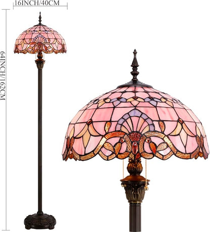 WERFACTORY Tiffany Floor Lamp Pink Baroque Stained Glass Standing Reading Light 16X16X64 Inches Antique Pole Corner Lamp Decor Bedroom Living Room Home Office S003P Series