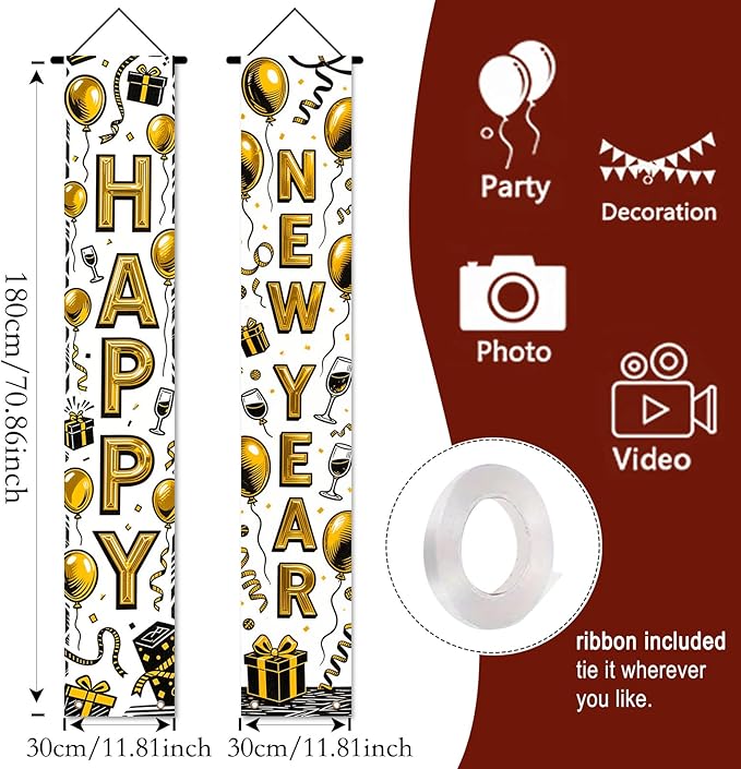 Nuxovilar Happy New Year Banner, 70.86" x 11.81" Black Gold Champagne Glass Hanging Decorations for Outdoor Indoor Home Wall