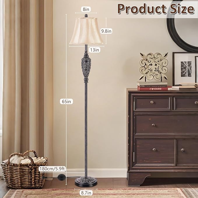65’’ Vintage Floor Lamp for Living Room, Traditional Standing Lamp with Carved Resin Base and Foot Switch, Classic Farmhouse Tall Pole Lamp, Bedroom, Office, Bronze Finish