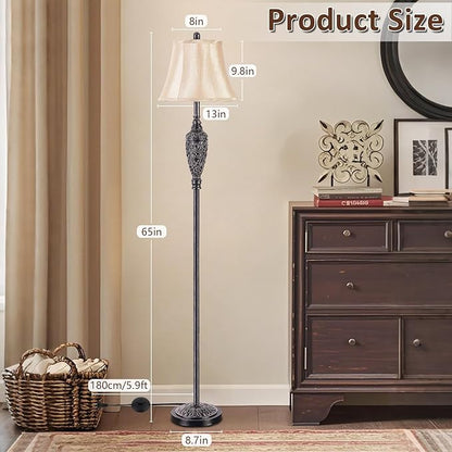 65’’ Vintage Floor Lamp for Living Room, Traditional Standing Lamp with Carved Resin Base and Foot Switch, Classic Farmhouse Tall Pole Lamp, Bedroom, Office, Bronze Finish