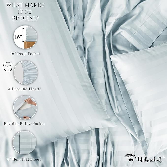 URBANHUT 800 Thread Count Egyptian Cotton Damask Striped California King Size Sheets Set (4 Pc) - Sateen Weave Cal King Size Bed Sheets, Luxury Hotel Sheets with 16" Deep Pocket - Light Blue
