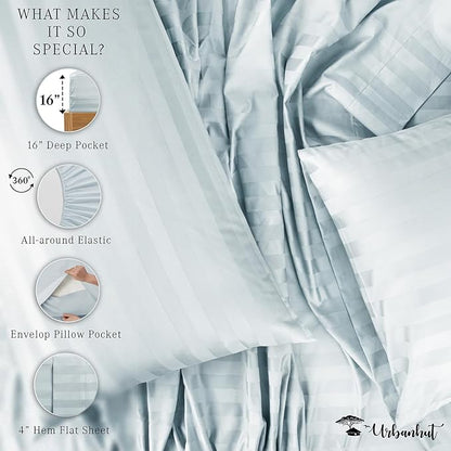 URBANHUT 800 Thread Count Egyptian Cotton Damask Striped California King Size Sheets Set (4 Pc) - Sateen Weave Cal King Size Bed Sheets, Luxury Hotel Sheets with 16" Deep Pocket - Light Blue