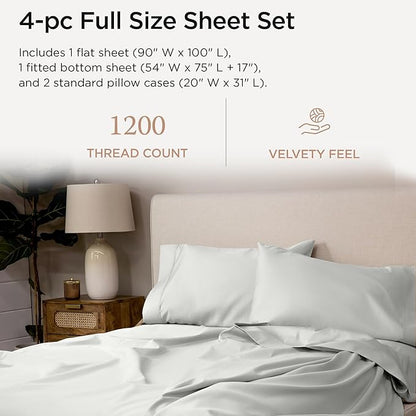 Threadmill Luxury Supima Cotton Sheets, Luxury 1200 Thread Count Soft 100% Cotton Sheets for Full Size Bed, 4 Pc Light Grey Bed Sheets Full Set, 5-Star Hotel Quality Deep Pocket Bed Sheets Set