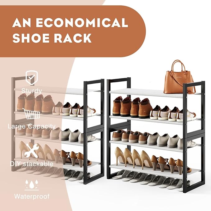Shoe Rack for Closet & Entryway, Stackable 8-Tier Shoe Organizer, Welded Metal Frame, Semi-Assembled Fast Setup, 11.8" Deep Non-Woven Shelves, Space-Saving Shoe Storage, Black
