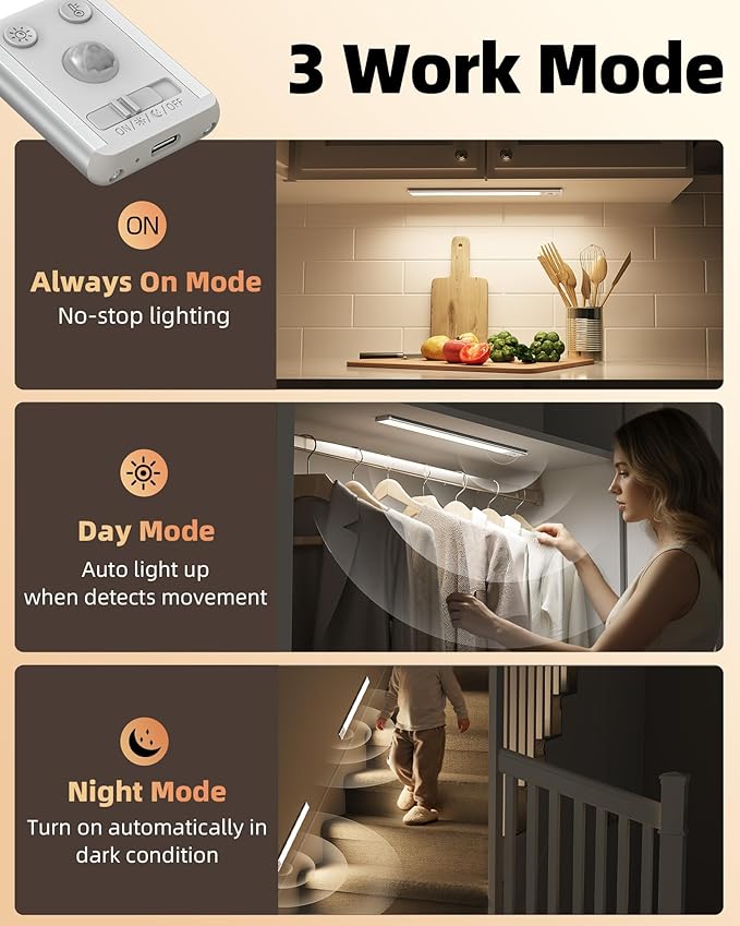 EZVALO 134 LED Under Cabinet Lights, 3200mAh Rechargeable Motion Sensor Light Indoor, Dimmable Magnetic Closet Lights with 3 Color Temps, Wireless Under Counter Lights for Kitchen, Stair (2 Pack)