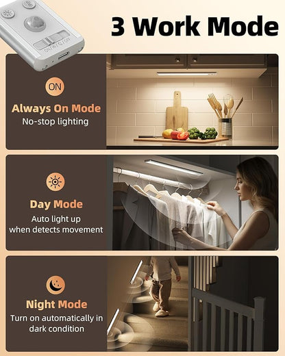 EZVALO 134 LED Under Cabinet Lights, 3200mAh Rechargeable Motion Sensor Light Indoor, Dimmable Magnetic Closet Lights with 3 Color Temps, Wireless Under Counter Lights for Kitchen, Stair (2 Pack)