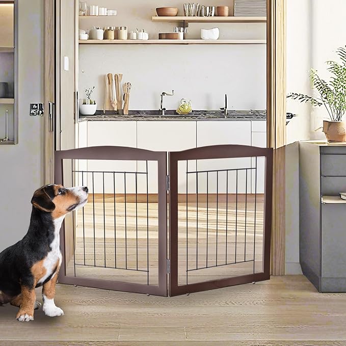 ZJSF Freestanding Foldable Dog Gate for House Extra Wide Wooden Indoor Puppy Gate Stairs Doorways Pet Gate Tall Dog Fence 2 Panels Fence Brown