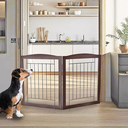 ZJSF Freestanding Foldable Dog Gate for House Extra Wide Wooden Indoor Puppy Gate Stairs Doorways Pet Gate Tall Dog Fence 2 Panels Fence Brown