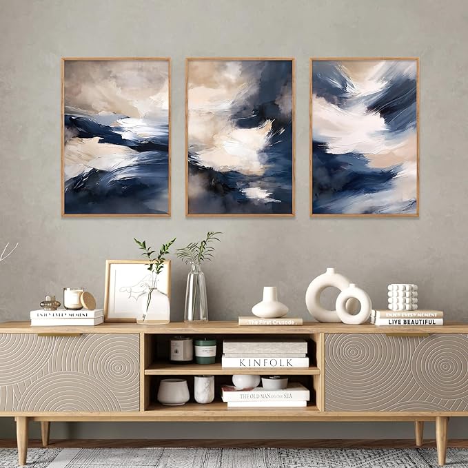 HLNIUC Blue Beige Abstract Wall Art Set of 3(24x36), Navy Brush Stroke Modern Art Decor, Earth Tone Minimalist Shape Framed Painting, Rust Dusty Neutral Prints for Living Room, Bedroom, Office