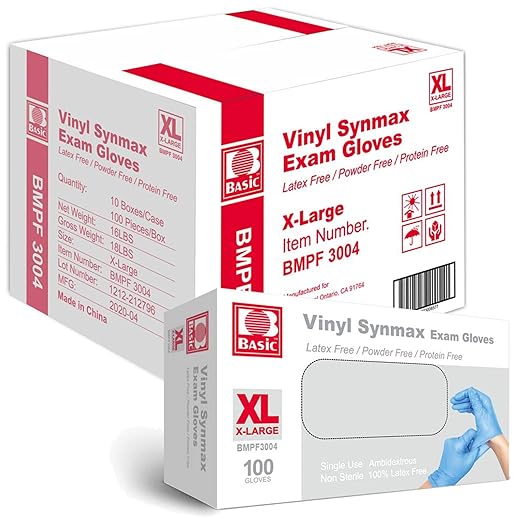 Jointown Medical Synmax Vinyl Exam Gloves - Latex-Free & Powder-Free - X-Large, BMPF-3004(Case of 1000,Blue)