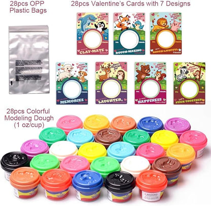 28 Pack Valentine’s Day Cards for Kids with Modeling Dough – Fun Animal-Themed Classroom Gifts for Toddlers & Preschoolers – Perfect for School Exchanges & Parties