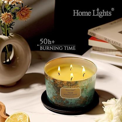 HomeLights Large jar Candle | 4-Wick Long-Lasting Scented Candles, 18oz Natural Soy Wax Candle for Home Scented, Industrial Chic Gifts for Women & Men, Teak Mahogany