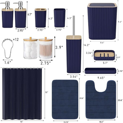 Bathroom Set - 25PC Blue Bathroom Set with Shower Curtain and Rugs, Bathroom Accessories Set, Blue Shower Curtain Set with Bathroom Trash Can
