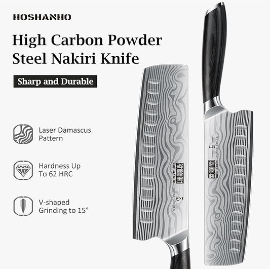 7 Inch Nakiri Knife, Japanese High Carbon Powder Steel Vegetable Cleaver Knife for Chopping, Razor Sharp Multipurpose Asian Chef Knife with Ergonomic Handle