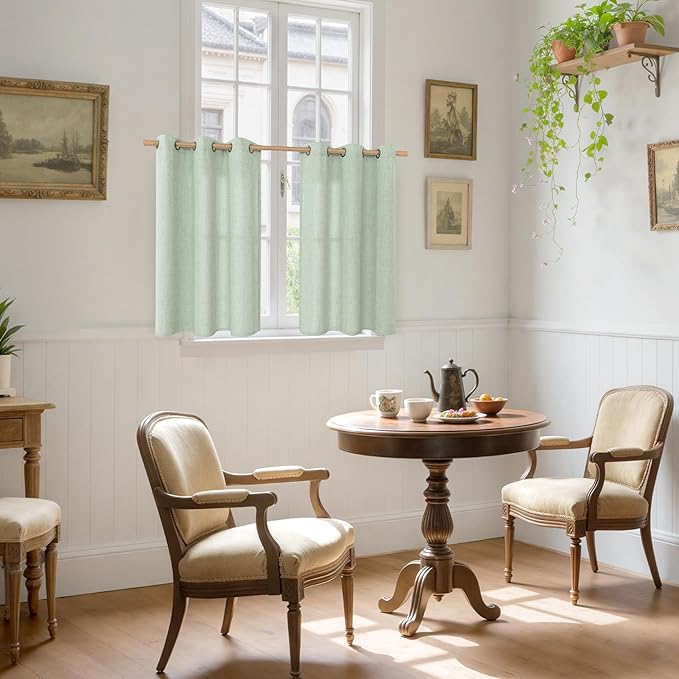 YoungsTex Sage Green Kitchen Window Curtains, Short Linen Drapes with Bronze Grommet Light Filtering Semi Sheer for Bathroom Cafe Windows, 42 x 40 Inch, 2 Panels