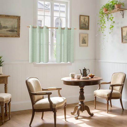 YoungsTex Sage Green Kitchen Window Curtains, Short Linen Drapes with Bronze Grommet Light Filtering Semi Sheer for Bathroom Cafe Windows, 42 x 40 Inch, 2 Panels