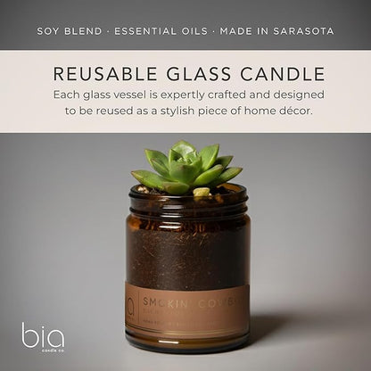Bia Candle Co Soy Blend Candle, Woody Tuscan Leather, Sandalwood & Cedar with Iris – Long-Lasting Clean Burn, Lead-Free Wick – Brown Glass Jar, Gold Lid – Smokin’ Cowboy Scent, 7 oz