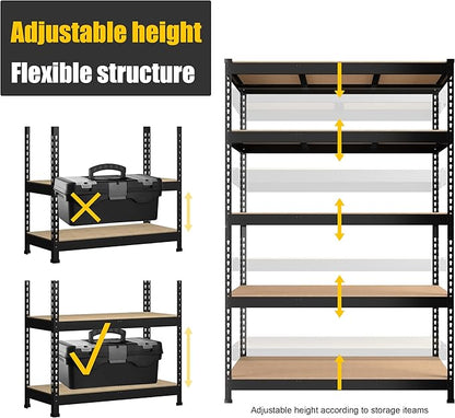 PrimeZone Heavy Duty Adjustable 5 Tier Garage Storage Shelves - 47" W x 18" D x 71" H, Metal Utility Rack Shelf Unit for Warehouse, Pantry, Closet, Kitchen, Black