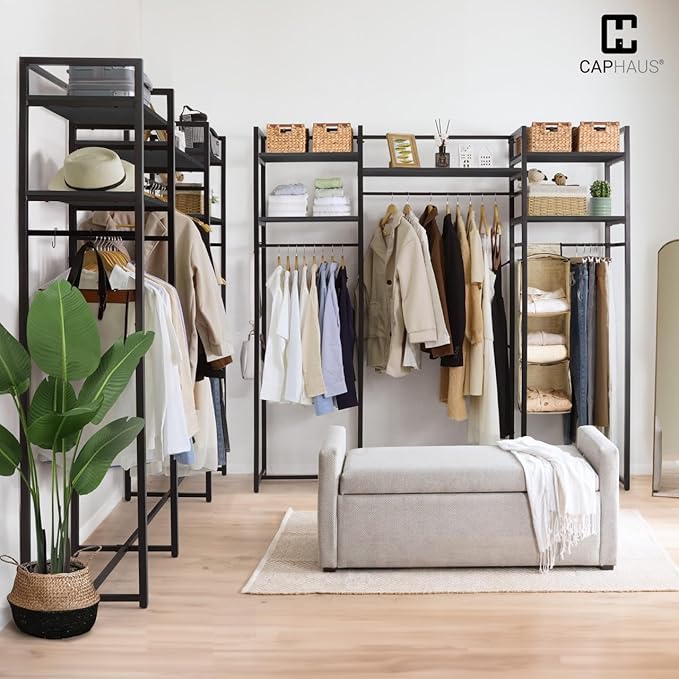 CAPHAUS 913lbs Capacity Garment Rack for Hanging Clothes, Heavy Duty Open Wardrobe w/Hanging Rods, Free Standing Closet Organizer, Clothing Rack, Metal Closet w/Wooden Boards, Black Vintage Board