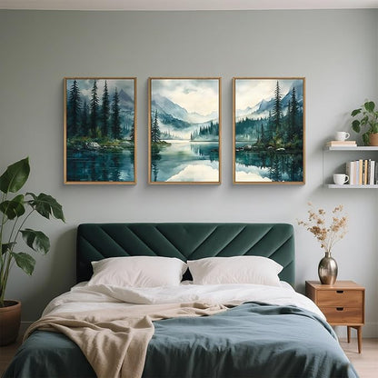 HLNIUC Green Foggy Forest Mountain Wall Art Framed,Large Boho Watercolor Pine Tree Wall Decor set of 3 (16"x24"), Nature Dark Lake Landscape Scenery Canvas Painting for Living Room, Bedroom, Office