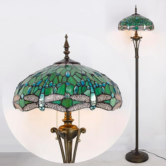 Tiffany Floor Lamp Green Stained Glass Dragonfly Standing Reading Light 16X16X70 Inches Antique Pole Corner Lamp Decor Bedroom Office Living Room